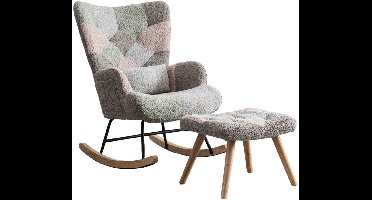Schommelstoel – Lounge Chair – Fauteuil – Relaxstoel – Tuinstoel – Met rubberhouten frame – Memory foam zitkussen & lendensteun – Inclusief voetenbankje (49x38x37 cm) – Multicolor design