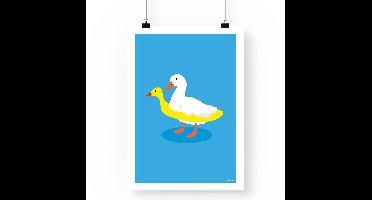 Artprint Eendje met Zwemband - A4 formaat - Speelse Dierenposter - Witte Eend Illustratie