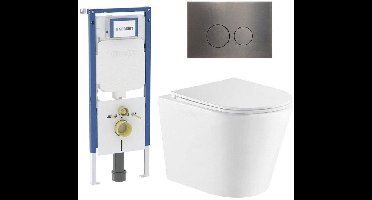 QeramiQ Dely Toiletset - 36.3x51.7cm - diepspoel - rimless - Geberit UP720 inbouwreservoir - softclose toiletzitting - gunmetal bedieningsplaat - ronde knoppen - wit glans