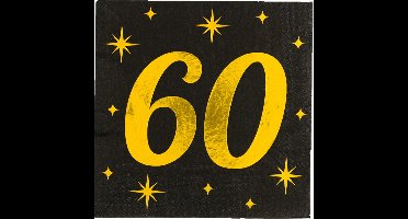 Paperdreams Verjaardag feest servetten - leeftijd 60 jaar - 16x stuks - zwart/goud - sterren - 33 x 33 cm