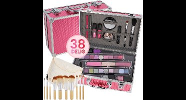 Roze Make Up Koffer Meisjes Met Inhoud 38-Delig - Inclusief 10-Delige Kwasten Set & Reis Etui - Cosmetica Set Kinderen – Roze Beautycase Meisjes