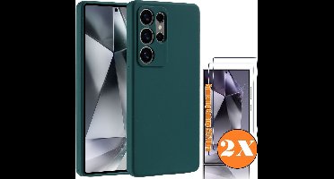 Hoesje geschikt voor Samsung Galaxy S25 Ultra Hoesje siliconen Donker Groen zacht TPU backcover - Met gehard glas screenprotector Galaxy S25 Ultra - 2 stuks