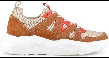 PS Poelman Year Dames Leren Chunky Runner Sneaker van Mesh en Suéde - Bruin Beige Rood - Maat 36