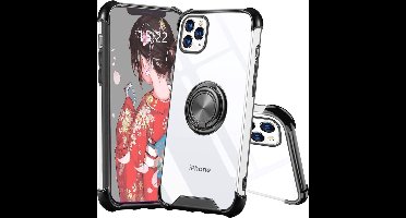 Hoesje Geschikt voor iPhone 12 Pro Max hoesje - Backcover met Ringhouder - Verstevigde hoeken - Transparant/Zwart