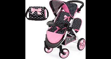 Bayer Design Tweeling poppenwagen Twin Xeo, dubbele poppenwagen, verstelbare duwstang, tas in zwart/wit/roze