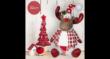 Handgemaakt zittend rendier-mannetje – 32/40 cm – geblokte kerstbroek
