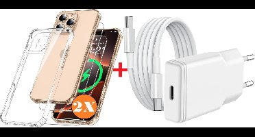 USB C Adapter - oplader - USB C Snellader 20W Met 1m Kabel - Hoesje Geschikt voor iPhone 16 Pro hoesje transparant Anti Shock silicone met 2x screenprotector- Ntech COMBI-SET
