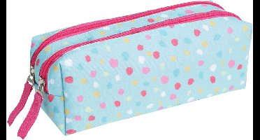 Etui met stippen dubbele rits lichtblauw - schoolspullen etui.