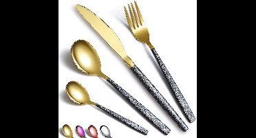 Boraboi® Luxueuze 24-delige Bestekset met Gouden Titanium Coating en Zwarte Handgrepen voor 6 Personen