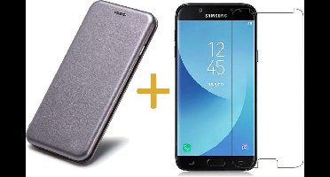 Hoesje geschikt voor Samsung Galaxy J5 (2017) - Book Case Portemonnee - Grijs + Gehard Tempered Glas Screenprotector (Kunstleer met Siliconen Houder - Flip Cover 360° Bescherming)