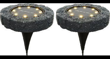 Lumineo Solar grond prikspot/tuinspot - 2x - LED - kunststeen - steengrijs - warm wit - 11 x 2 cm