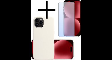 Hoesje - Met Screenprotector - Geschikt voor Apple iPhone 15 Pro Max - Sterk & Shockproof - Back Cover - Siliconen Case - Telefoon Hoes - Wit