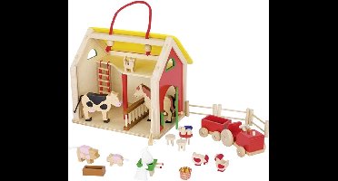 Poppenhuis: SCHUUR 33x26x28cm, 31-delig, draagbare koffer met toebehoren, 3+