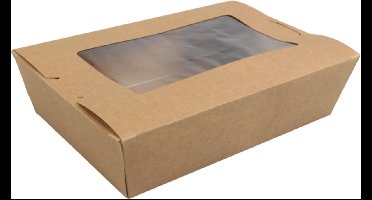 Biodore Bak | Kraftpapier + PLA | met venster | maaltijdtray | 120x180x50mm | bruin | 50 stuks
