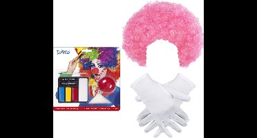Clown verkleed set volwassenen - pruik roze/schmink/neus/handschoenen
