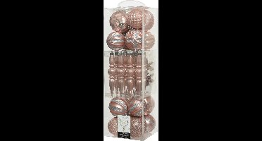 Decoris Kerstboomversiering set - kerstballen en kersthangers - 30x st - lichtroze - kunststof