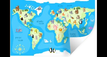 Muurstickers kinderkamers - Muurdecoratie meisjeskamer - Wereldkaart - Kind - Dieren - Blauw - Jongens - Meisjes - 30x20 cm - Muursticker jongens - Slaapkamer decoratie - Zelfklevend behangpapier - Stickerfolie