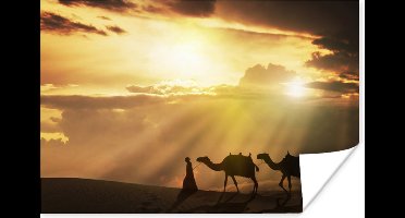 Poster Arabische man en kamelen zonsondergang - 30x20 cm