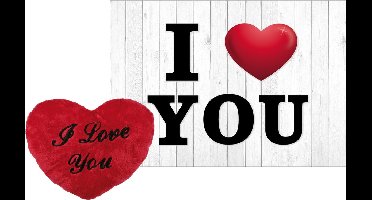 Out of the Blue Pluche knuffel kussen rood I Love You - 35 cm - met I Love You wenskaart