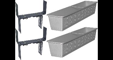 Set van 2 kunststof plantenbakken grijs rechthoekig 80 cm met 4 verstelbare balkon/muurbeugels