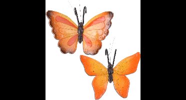 Tuindecoratie bloempothanger vlinder - set 2x - oranje/oranjerood - kunststeen - 13 x 10 cm