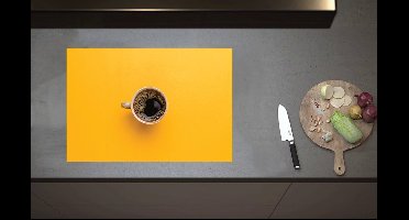 Inductieplaat Beschermer - Bovenaanzicht van Verse Kop Koffie op Okergele Ondergrond - 70x52 cm - 2 mm Dik - Inductie Beschermer van Vinyl