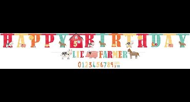 RIETHMULLER - 2 Kartonnen Happy Birthday slingers personaliseerbare leeftijd, boerderijthema met dieren