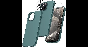 Hoesje Geschikt voor iPhone 15 Pro Max – Zacht siliconen liquid backcover met 2x screenprotector gehard glas en 1x lens protector – Pine Groen