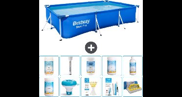 Bestway Rechthoekig Steel Pro Zwembad - 300 x 201 x 66 cm - Blauw - Inclusief Chloor - Chloordrijver - Testrips - Reparatiesetje - Scrubborstel - PH-min - PH-plus - Thermometer - Algen - Chloor