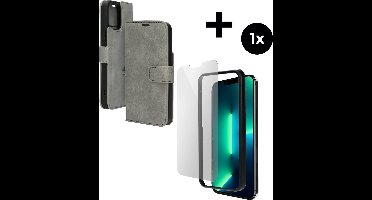 Mobiparts Classic Wallet hoesje geschikt voor Apple iPhone 13 Pro Max met 1 Screenprotector van Gehard Glas - Grijs