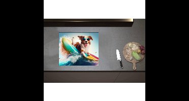 Inductieplaat Beschermer - Bruin met Witte Hond met Zonnebril op Surfplank - 59x50 cm - 2 mm Dik - Inductie Beschermer - Bescherming Inductiekookplaat - Kookplaat Beschermer van Wit Vinyl