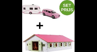 Kids Globe SET HOUTEN PAARDENSTAL MET 9 BOXEN + Volvo met caravan ( ROZE) 1:32