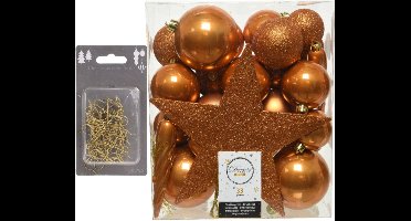 33x stuks kunststof kerstballen 5, 6 en 8 cm cognac bruin inclusief ster piek en kerstbalhaakjes - Kerstversiering - Onbreekbaar