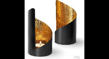 Gadgy Waxinelichthouder Twist - Theelichthouders Set van 2 - Decoratie Woonkamer - Sfeerverlichting Binnen - Kaarsenhouders voor Waxinelichten 16 x Ø 8.5 CM - Windlicht Metaal - Zwart / Goud - Cadeau voor Vrouw
