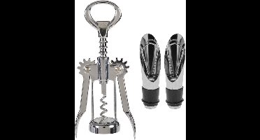Hevel kurkentrekker/flessenopener rvs met 2x afsluit/schenk doppen
