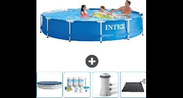 Intex Rond Frame Zwembad - 366 x 76 cm - Blauw - Inclusief Afdekzeil - Onderhoudspakket - Zwembadfilterpomp - Solar Mat