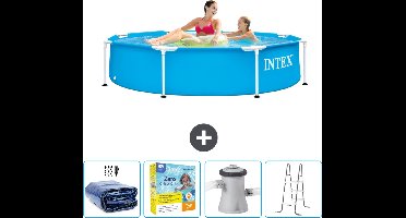 Intex Rond Frame Zwembad - 244 x 51 cm - Blauw - Inclusief Solarzeil - Onderhoudspakket - Zwembadfilterpomp - Ladder