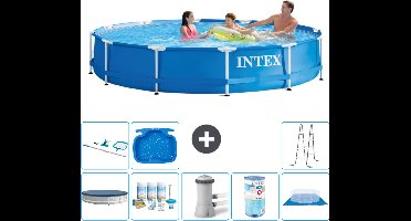 Intex Rond Frame Zwembad - 366 x 76 cm - Blauw - Inclusief Afdekzeil - Onderhoudspakket - Zwembadfilterpomp - Filter - Grondzeil - Schoonmaakset - Ladder - Voetenbad