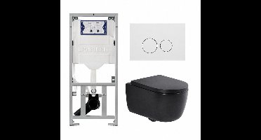 QeramiQ Dely Swirl Toiletset - 36.3x51.7cm - Geberit UP320 inbouwreservoir - met Burda frame - 35mm zitting - mat witte metalen bedieningsplaat - ronde knoppen - mat zwart