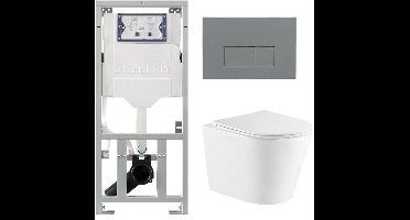 QeramiQ Dely Toiletset - 36.3x51.7cm - diepspoel - rimless - Geberit UP320 inbouwreservoir - met Burda frame - softclose toiletzitting - bedieningsplaat licht grijs - rechtehoekige knoppen - mat zwart