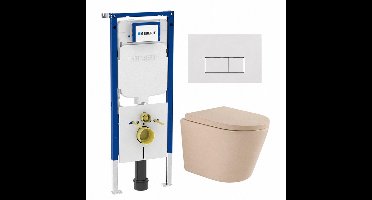 QeramiQ Dely Toiletset - 36.3x51.7cm - diepspoel - rimless - Geberit UP720 inbouwreservoir - softclose toilet zitting 35 mm - glans witte bedieningsplaat - rechthoekige knoppen - mat beige