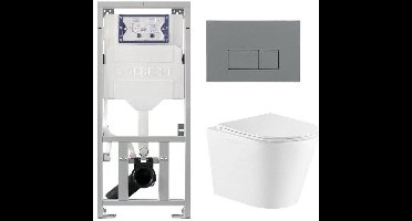 QeramiQ Dely Toiletset - 36.3x51.7cm - diepspoel - rimless - Geberit UP320 inbouwreservoir - met Burda frame - softclose toiletzitting - bedieningsplaat licht grijs - rechtehoekige knoppen - wit glans