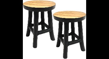 VD Leeden Plantverhoger - 2x - teak hout - zwart - D20 x H27 cm - krukje