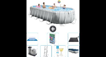 Intex Ovaal Prism Frame Zwembad - 610 x 305 x 122 cm - Grijs - Inclusief Pomp - Ladder - Grondzeil - Afdekzeil Solar Mat - 8-delig