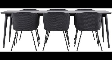Ellis eethoek tafel 85x230cm en 6 fluwelen stoelen met armleuningen zwart.