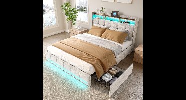 Gestoffeerd Tweepersoonsbed – Bed Met Opbergruimte – Led Bed – Bed Met Laden – Linnen Bed – 160x200 cm – Usb & Type-C Oplaadpoort – Rgb Led Verlichting