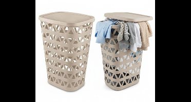 Curver Wasmand met deksel - 2x - ventilatiegaatjes - beige - kunststof - 55 ltr - 42 x 34 x 60 cm