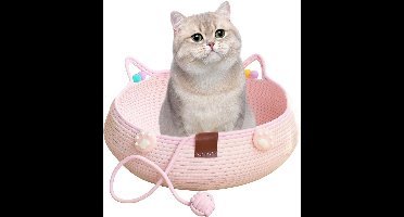 Oneay Geweven kattenmand 40 cm – Zacht katoenen touwen bed met oortjes – Geschikt voor binnenkatten, kleine honden en konijnen – Roze