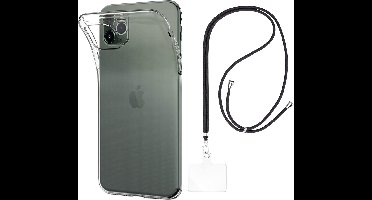 Set met hoesje en nekband voor iphone 11 pro - Flexibele, transparante TPU-bescherming, verstelbare universele nekband voor mobiele telefoons, zwarte nekband, transparante draagriem van Phonillico®