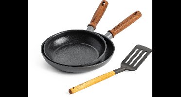 GreenPan Mayflower Pro keramische pannenset 3-delig - 20 en 24 cm - inductie pannenset - inductie koekenpannenset - Koekenpan 20 cm - Koekenpan 24 cm - houten spatel - PFAS-vrij - grijs - houten handvat